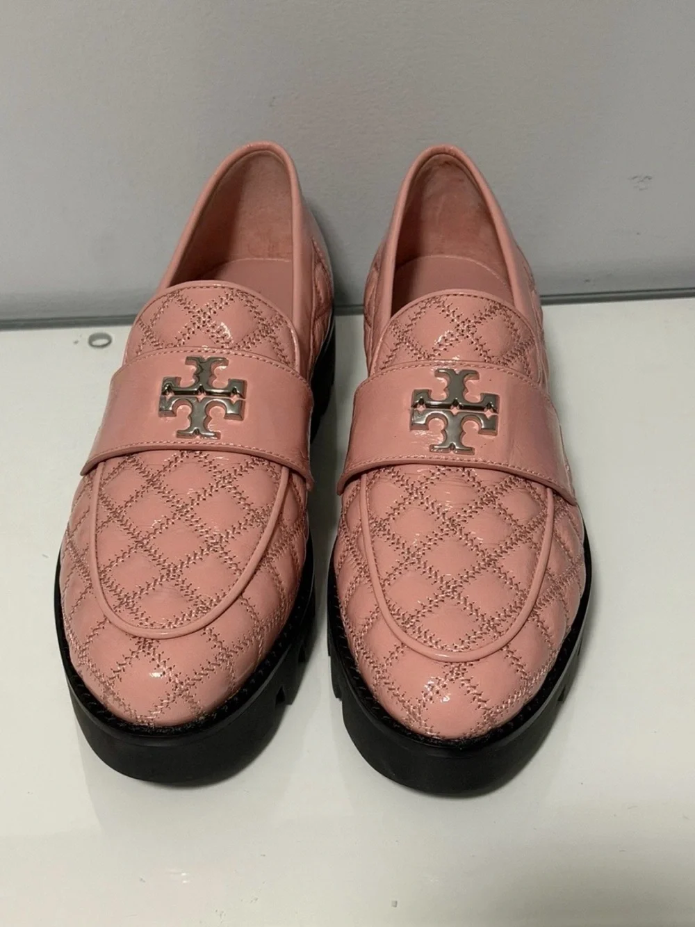 Tory Burch Blush Quilted Leather Loafers with Logo Accent